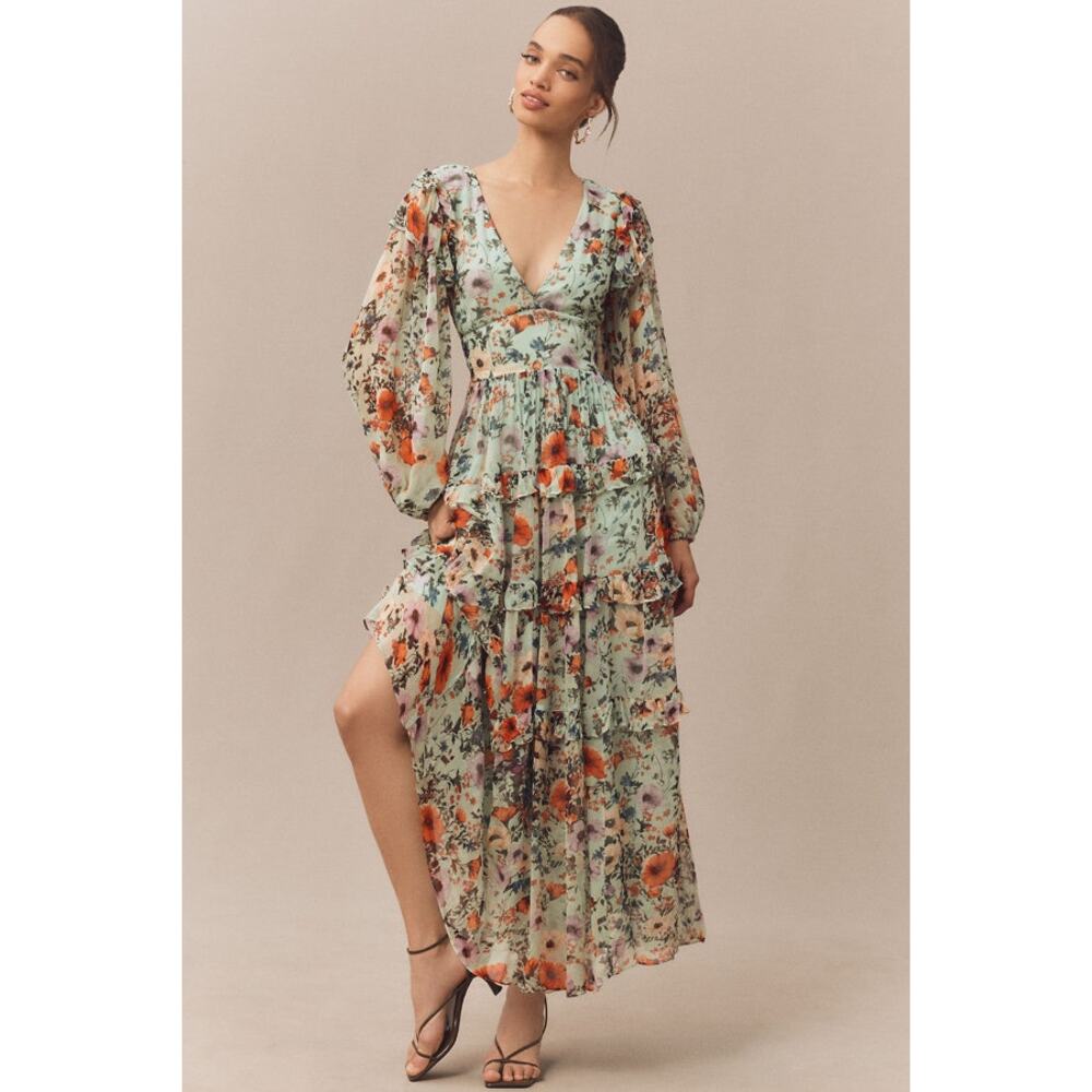 BHLDN Floral Chiffon Plunge Long-Sleeve Ruffle Maxi Dress Size US S